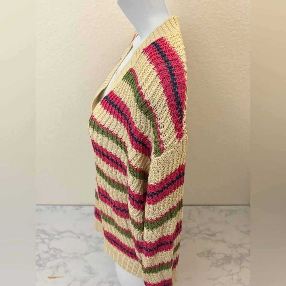 Loft Open Chunky Knit Sweater Size Medium Tan Boho Pullover Striped Acrylic​ - Picture 2 of 6